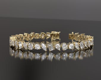 Lab Grown Diamond Tennis Bracelet for Women and Men, Mix Cut Diamond Tennis Bracelet For Wedding, Multi-Shape Solid Gold Diamond Bracelet