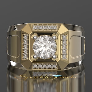 Anillo redondo de hombre Moissanite, anillo de oro sólido para hombres, anillo redondo de diamantes cultivados en laboratorio para hombres, anillo de plata para hombres, anillo de dos tonos para caballeros