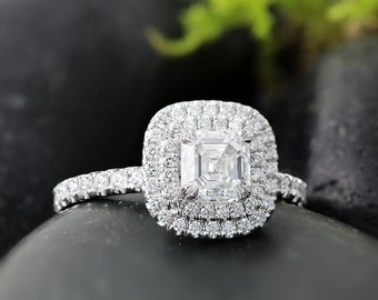 Asscher Cut Moissanite Diamond Halo Ring 14k/18k Solid White Gold Wedding Moissanite Engagement Ring For Women, wedding Anniversary Ring