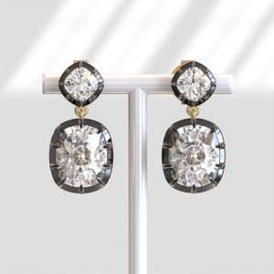 Georgian Cut Down Button Back Setting Cushion Lab Diamond Earrings, Dangle & Drop Moissanite Earrings, Victorian Style Blacken Gold Earrings