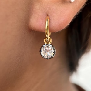 Georgian Cut Down Button Back Setting Moissanite Earrings Gypset, Victorian Earrings, Blackened Gold Old European Cut Dangle Drop Earrings