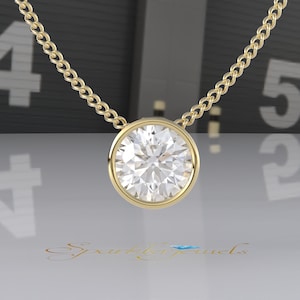 Round Cut Moissanite Pendant, Solid Gold Certified Round Lab-grown Diamond Pendant, Round Diamond Pendant for women, Solitaire Pendant