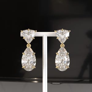 Pear & Trillion Lab Grown Diamond Earrings, Solid Gold Dangle Drop Screw Back Earrings For Women, Moissanite Long Party Wear Drop Earrings
