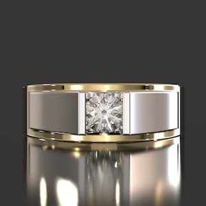 Moissanite Round Diamond Men&#39;s Ring, Solid Gold Ring For Men, Certified Round Lab Grown Men&#39;s Ring, Silver Ring, Two tone Gents Ring