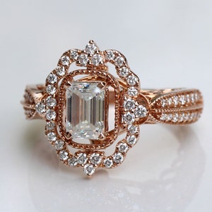 1 CT Emerald Cut Moissanite Engagement Ring, Solid Rose Gold Halo ...