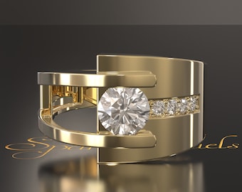 Round Cut Moissanite Men&#39;s Ring, Solid Gold Ring For Men, Men&#39;s Lab Grown Diamond Wedding Ring, Silver Ring for men, Diamond Gents ring