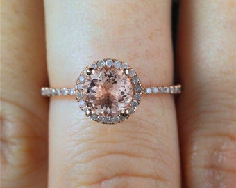 Morganite Engagement Ring 14k Solid Rose Gold Natural Diamond Halo Ring For Women Engagement Ring,Natural diamond Wedding Ring