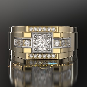 Anillo redondo de hombre Moissanite, anillo de oro sólido para hombres, anillo de hombre de diamantes cultivados en laboratorio certificado IGI, anillo de plata para hombres, anillo de dos tonos para caballeros
