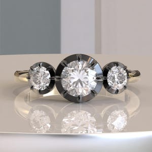 Georgian Cut Down Three Stone Lab Grown Diamond Engagement Ring, Button Back Set Round Women Ring, Three Stone Moissanite Ring