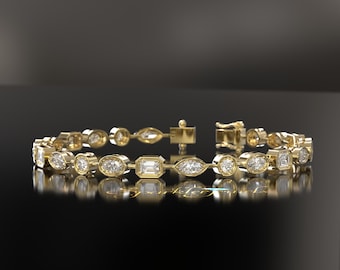 Lab Grown Diamond Tennis Bracelet for Women and Men, Mix Cut Diamond Tennis Bracelet For Wedding, Solid Gold Moissanite Bracelet
