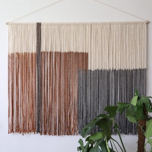 Oversize macrame fiber wall art in blue gray and terracotta, dip-dyed statement piece, headboard boho gift for her image 3