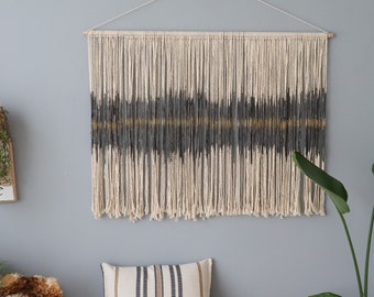 Minimalist Large Dip-Dyed Macrame Wall Hanging in Gray and Gold, Handmade Boho-Chic Tapestry for Modern Home Decor