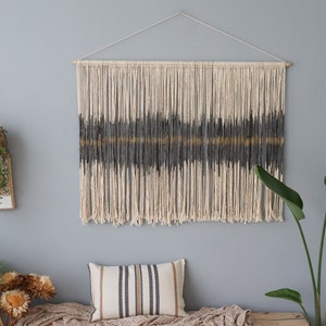 Minimalist Large Dip-Dyed Macrame Wall Hanging in Gray and Gold, Handmade Boho-Chic Tapestry for Modern Home Decor