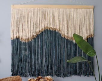 Macrame dip dyed wall hanging, statement home decor, blue ombre and gold modern macrame wall tapestry, large wall decor over bed