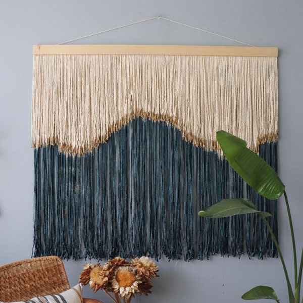 Macrame dip dyed wall hanging, statement home decor, blue ombre and gold modern macrame wall tapestry, large wall decor over bed