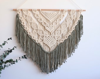 Macrame wall hanging boho tapestry, large modern macrame art, gift for her sage green and off white wall decor