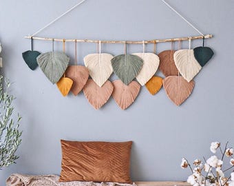 Rustic Wall Decor with Natural Wood Stick, Sage Green, Tan, Mustard Leaf Handmade Tapestry for Bedroom