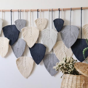 Large Macrame Wall Hanging: Navy Blue Boho Feather Decor