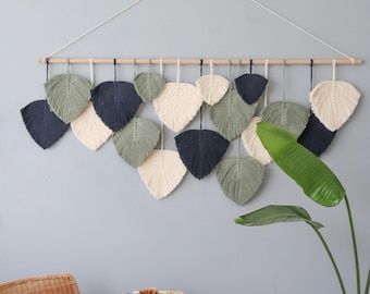 Navy blue, sage green and cream macrame leaf wall hanging, cream boho decor for living room, headboard over the bed