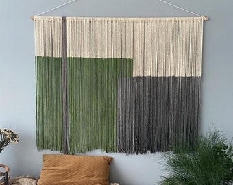 Handmade Ombre Macrame Fiber Wall Art in Gray and Olive Green - Statement Dip Dyed Wall Decor for a Blue-Gray Wall Tapestry