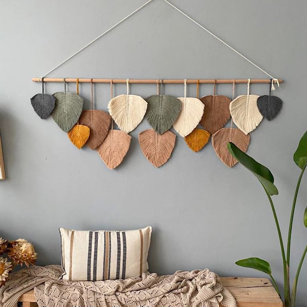 Groot macraméblad muurhanger, boho hoofdeinde decor, housewarmingcadeau