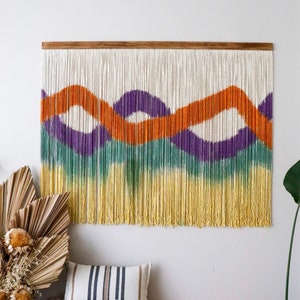 Colorful retro Macrame Wall Hanging, fall inspired wall decor, Purple and Green, Handmade Headboard Art, new home gift