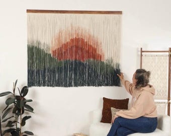 Wide sunset macrame wall decor, boho fiber wall art, master bedroom headboard large