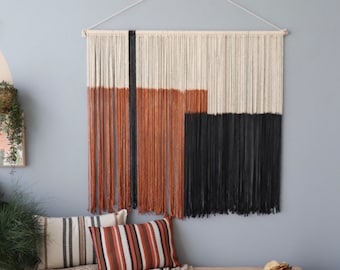 Ombre macrame fiber wall art, statement dip dyed wall decor, black and terracotta wall tapestry, handmade home decor