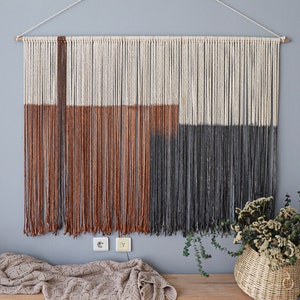 Oversize macrame fiber wall art in blue gray and terracotta, dip-dyed statement piece, headboard boho gift for her image 2