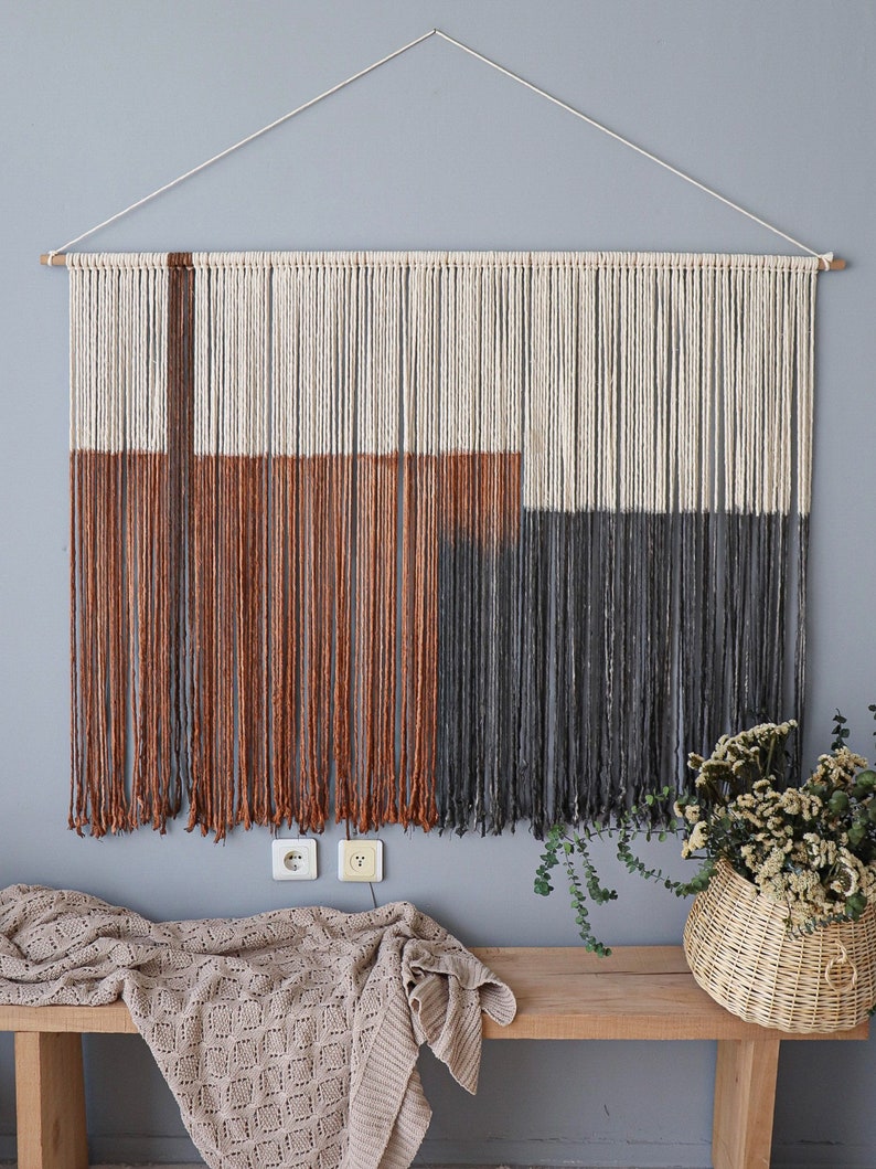 Oversize macrame fiber wall art in blue gray and terracotta, dip-dyed statement piece, headboard boho gift for her image 2