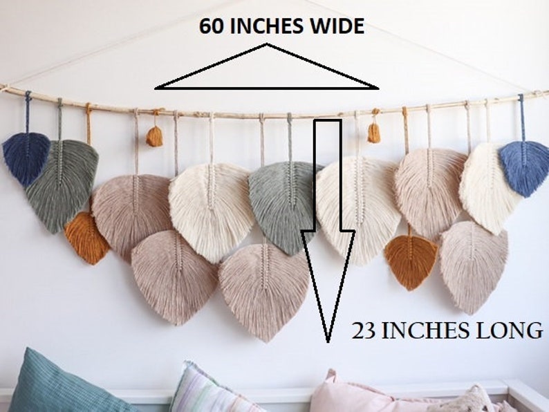 Boho bladeren macrame muur opknoping, macrame veer, boerderij muur decor, minimalistische muur kunst, Boho kwekerij decor, cadeau voor thuis afbeelding 3