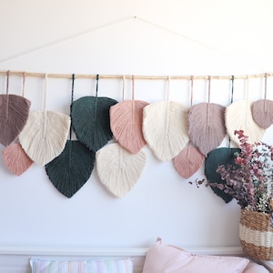 Macrame Leaf Wall Hanging - Large Boho Tapestry with Natural Wood Stick - Blush Pink, Emerald, Mink Decor - Rustic Bedroom Wall Art