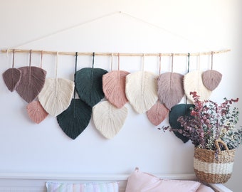 Macrame Leaf Wall Hanging - Large Boho Tapestry with Natural Wood Stick - Blush Pink, Emerald, Mink Decor - Rustic Bedroom Wall Art