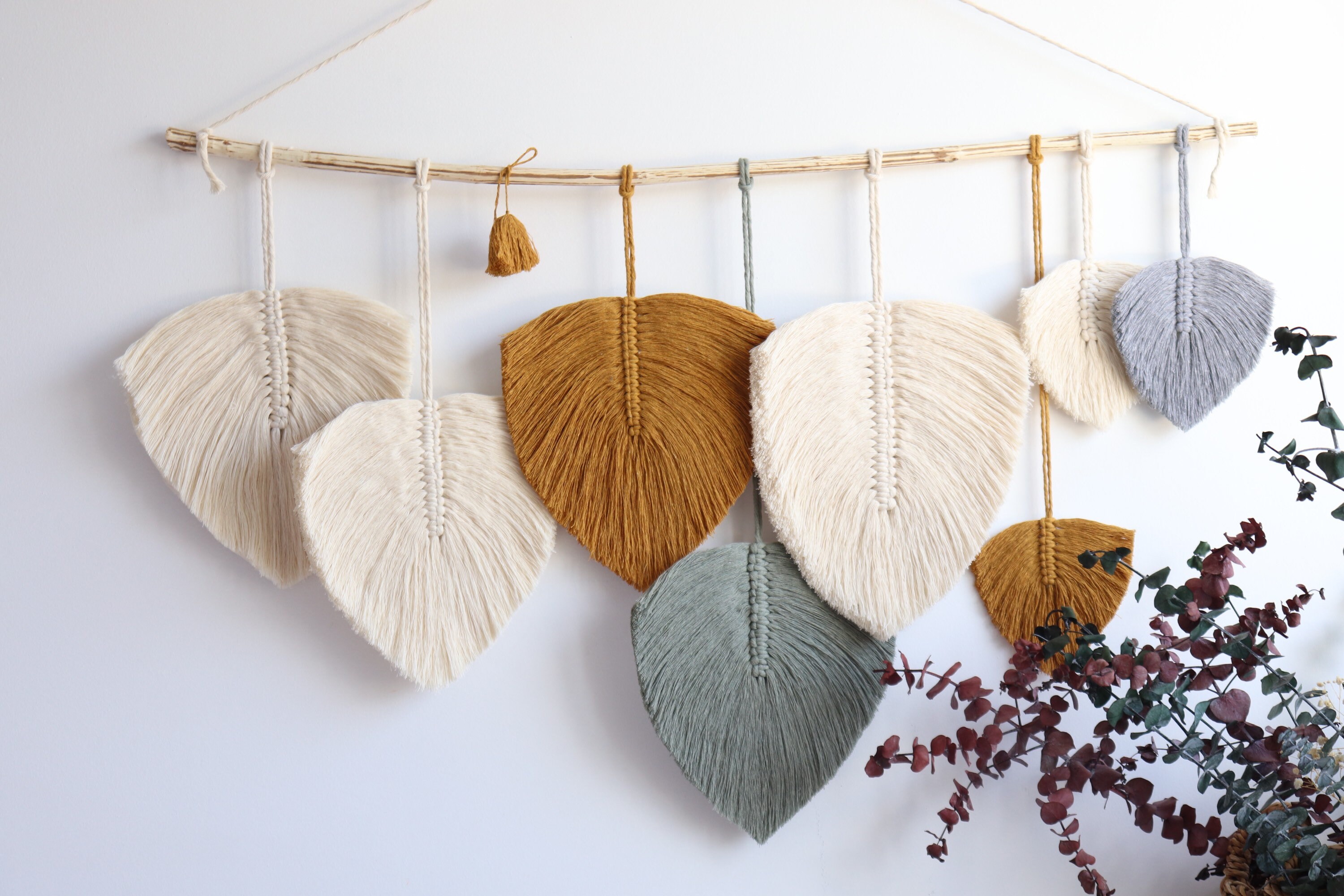 LARGE Custom Macrame Feather Wall Hanging with 100% Cotton Cords for Boho Knotted Rope Feathers or Leaves Wall Decor