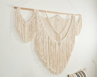 Cream macrame wall hanging, Off white wall art for living room, Boho bedroom decor, Housewarming gift headboard, yarn wall art