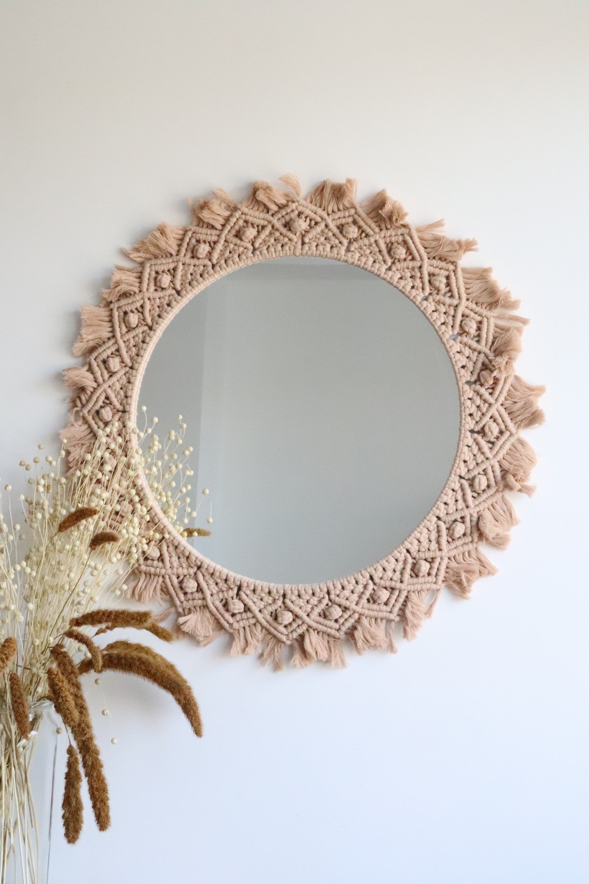Large round macrame mirror wall decor, woven wall hanging, macrame