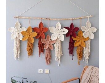 Macrame wood stick flower wall hanging colorful, High-quality handmade macrame, special gift for women, bespoke wall art