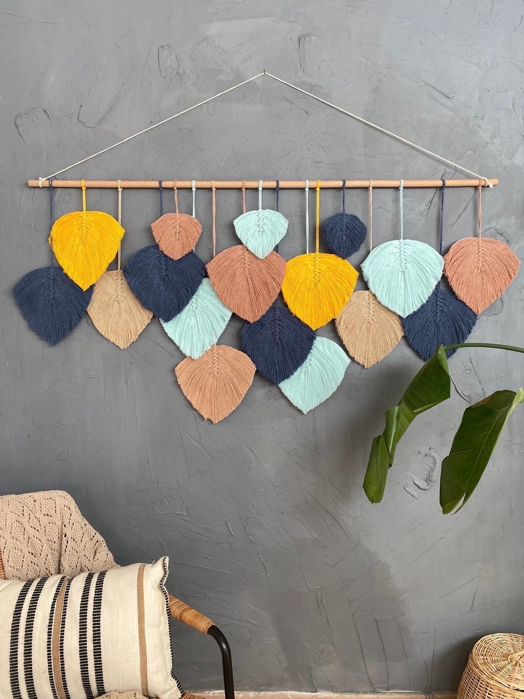 Ocean Blue Leaf Wall Hanging, Colorful Boho Decor for Living Room