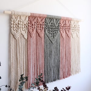 Large natural macrame wall hanging, geometric headboard, Boho wall tapestry, bohemian wall art sage green pink