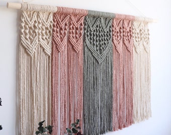 Large natural macrame wall hanging, geometric headboard, Boho wall tapestry, bohemian wall art sage green pink