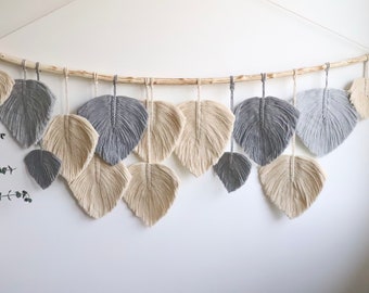 Beige and gray macrame leaf wall hanging woven leaf, macrame feathers wall art, boho wall decal asethetic tapestry college