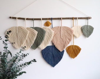 Indigo blue Macrame Feathers Wall Hanging, Colorful Headboard boho, Large Tapestry Gift for home