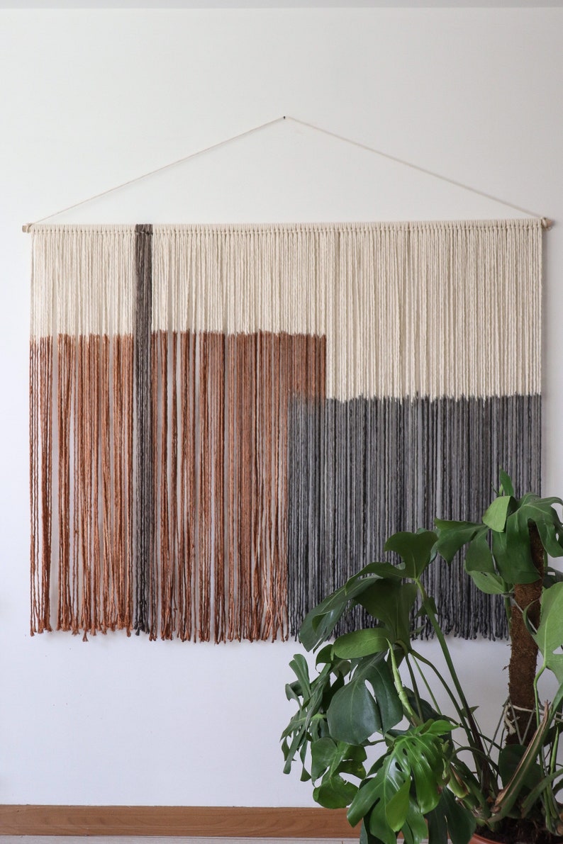 Oversize macrame fiber wall art in blue gray and terracotta, dip-dyed statement piece, headboard boho gift for her image 3