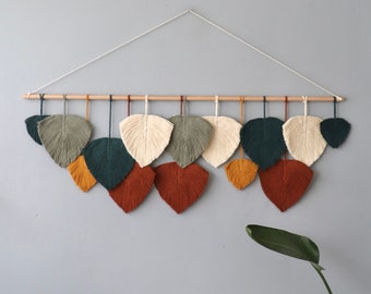 Macrame boho living room wall decor, leaf wall hanging, headboard bedroom decor, wall art over tv