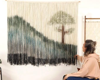 Blue green landscape wall decor, dipped wall art, Modern dip dye yarn wall decor, master bedroom headboard