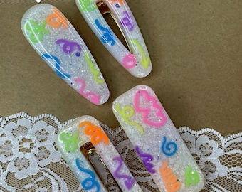 Handmade Glitter Resin Hair Clip: Retro Neon 80s Barrette