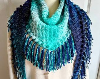 Crochet Triangle Scarf, Fruitridge Scarf, Aqua Blue Fringe Scarf, Triangle Fringe Scarf