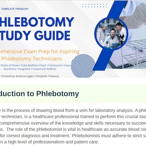 May include: A study guide titled "PHLEBOTOMY STUDY GUIDE" with text "Comprehensive Exam Prep for Aspiring Phlebotomy Technicians." The image includes a circular inset of medical professionals and a person handling test tubes. The guide covers various topics.