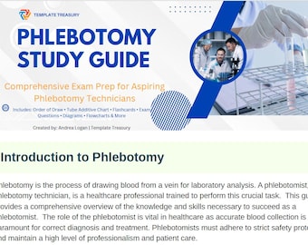 Guía de estudio de flebotomía (PDF) / Preparación para el examen CPT / Orden de extracción, aditivos para tubos, tarjetas didácticas, preguntas de práctica, diagramas anatómicos