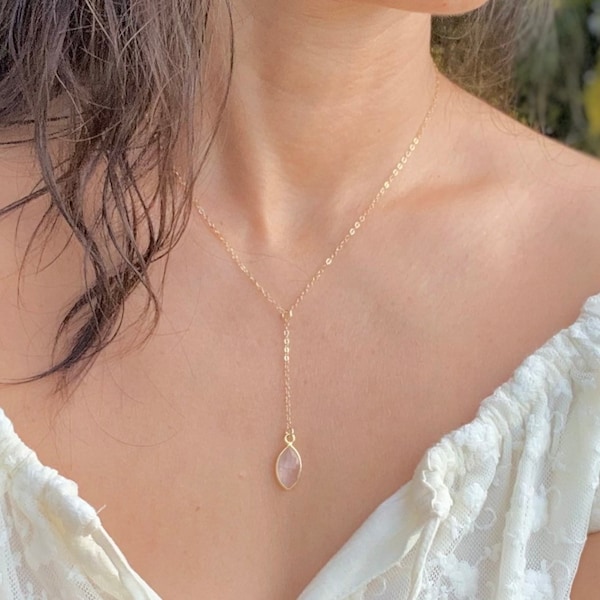 Rose Quartz Necklace * Dainty Lariat Necklace * Gold Filled * Sterling Silver * Bohemian * Handmade * Heart Chakra *